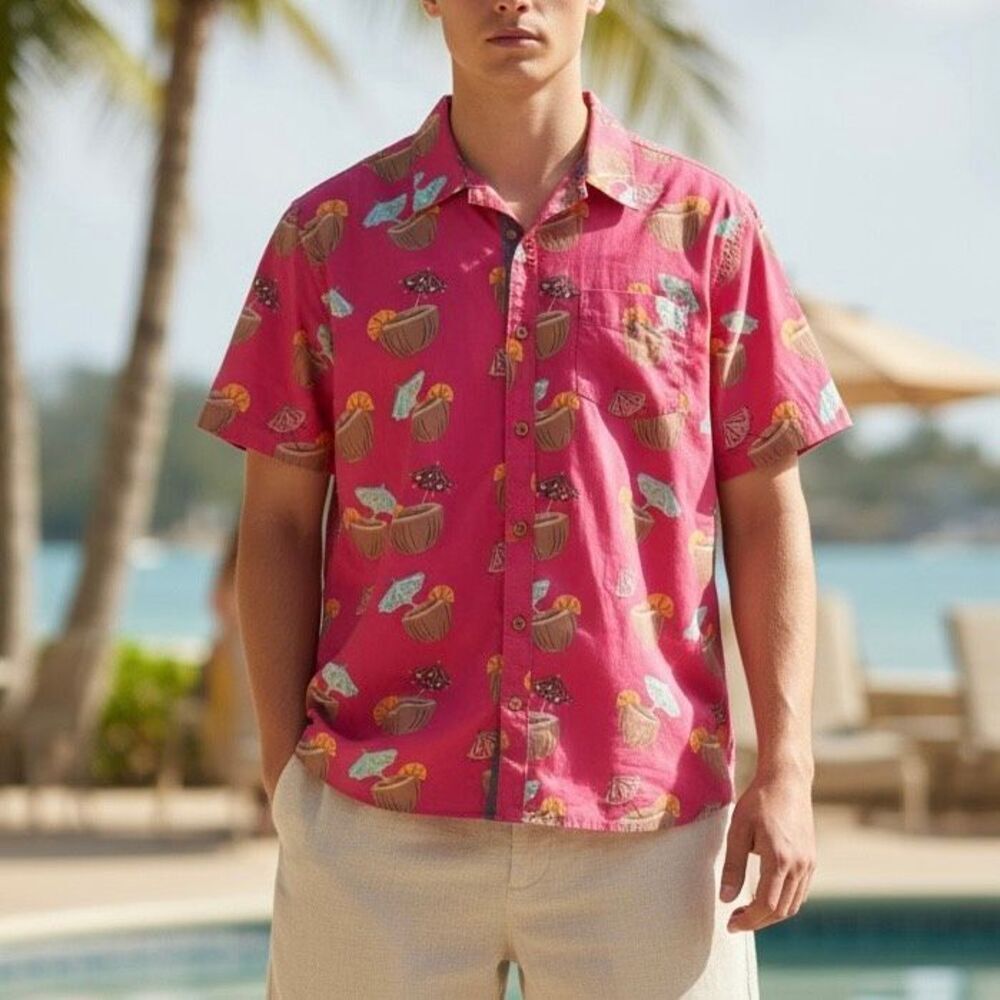 Huntington Beach BC Pink Hawaiian Shirt Coconut Cocktail Print Short Sleeve L